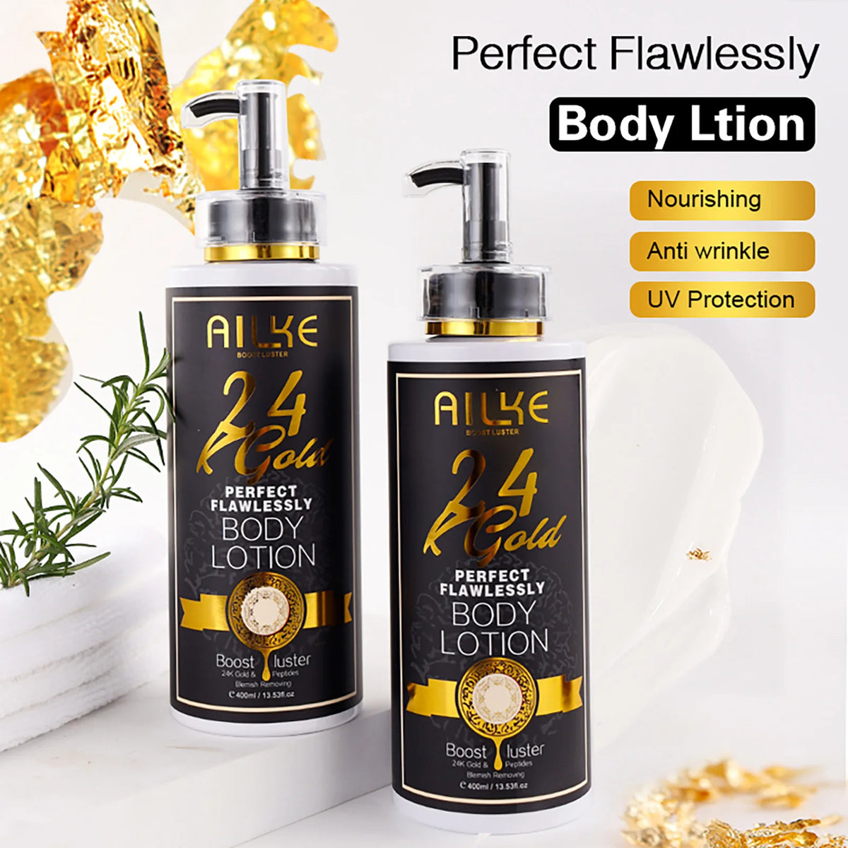 AILKE 24K Glod Flawlessly Skin Care Range, Skin Whitener, Reduce Dark Spots, Melanin, Wrinkles, Moisturize, For Women & Men