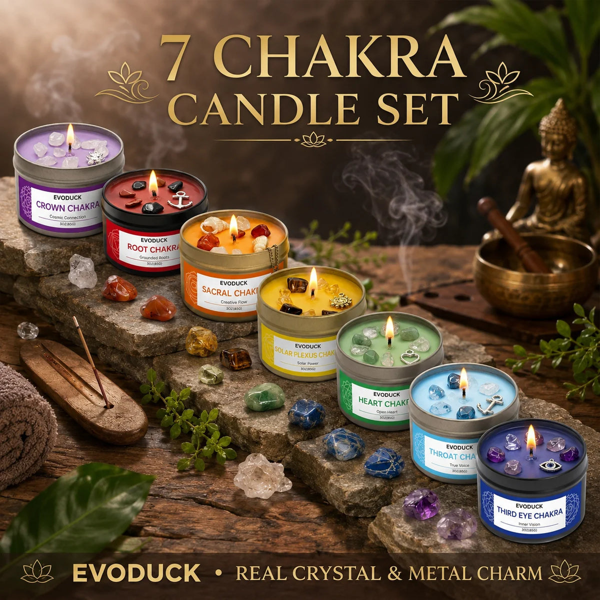 EVODUCK 7 Chakra Candle Gift Set, 7 x 85g Crystal Soy Wax Candles with Metal Charms, Root Sacral Solar Plexus Heart Throat Third Eye Crown Aromatherapy for Meditation, Relaxation, Spiritual Home Decor, Birthday Christmas Gift