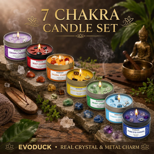 EVODUCK 7 Chakra Candle Gift Set, 7 x 85g Crystal Soy Wax Candles with Metal Charms, Root Sacral Solar Plexus Heart Throat Third Eye Crown Aromatherapy for Meditation, Relaxation, Spiritual Home Decor, Birthday Christmas Gift