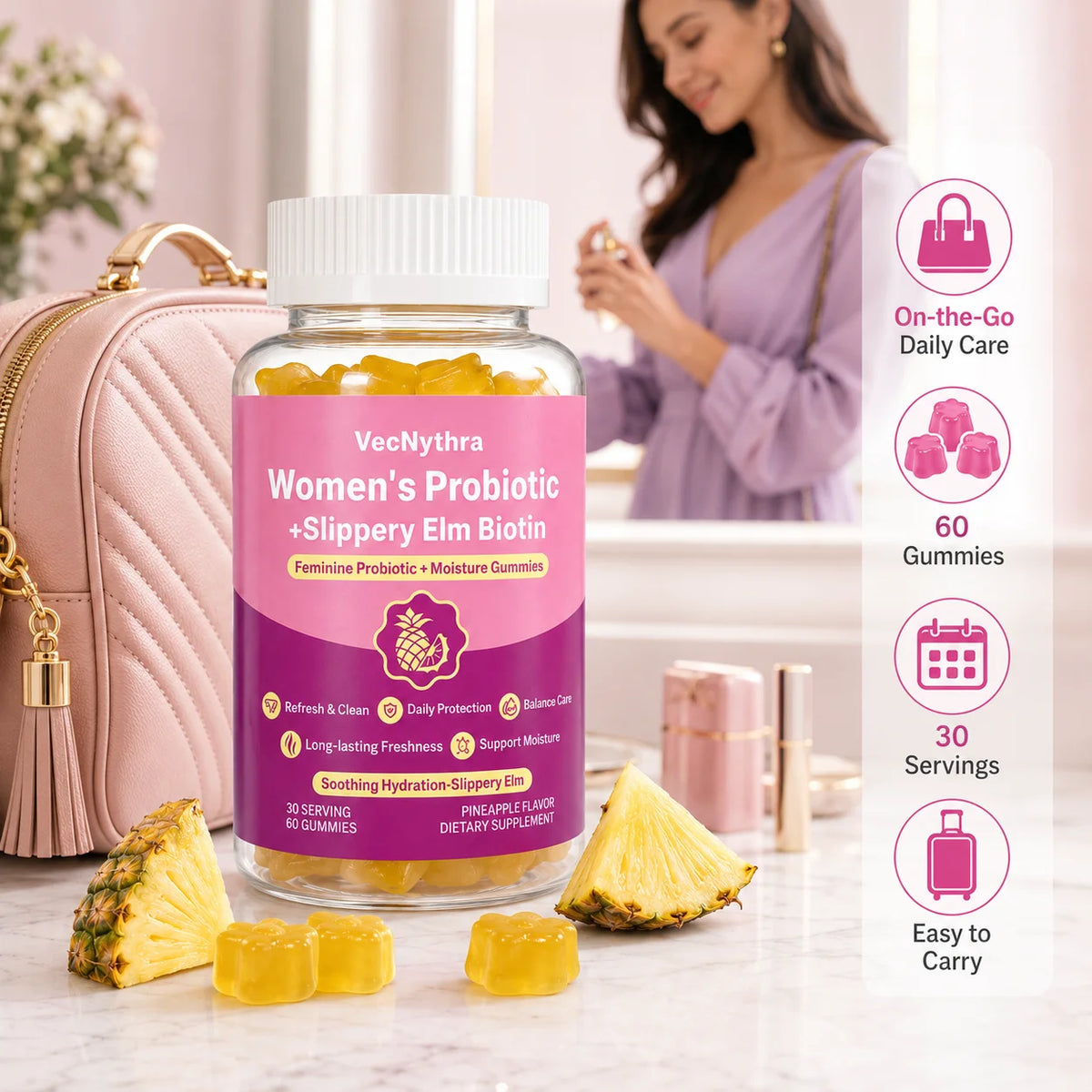 VecNythra Pineapple Probiotic Gummies for Women with Slippery Elm Vitamin C Daily Freshness Support 60 Gummies