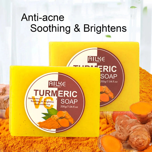 AILKE Natural Turmeric Bath Soap for Face, Body, Hands, Lightening, Cleaning, Even Skin Tone, Anti Dark Spots and Acne, 200g