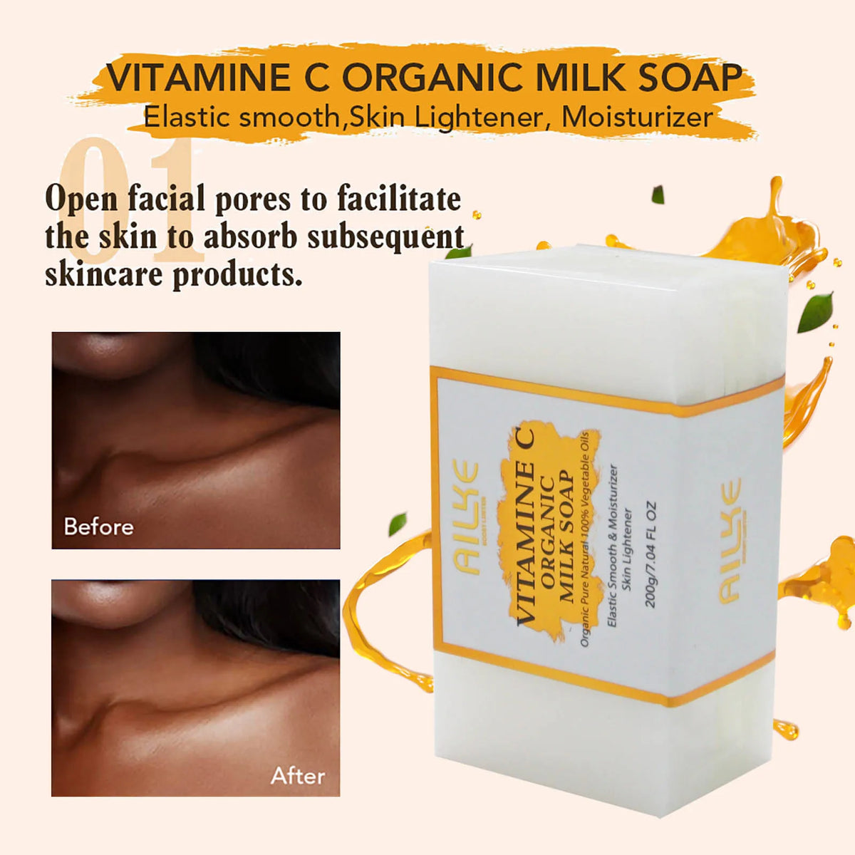 Ailke organic milk soaps containing vitamin C, whitening, wrinkle reducing, anti-aging, smoothing, and softening the skin,200g