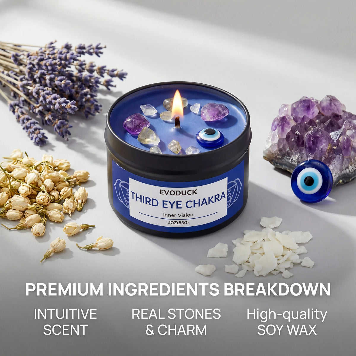 EVODUCK 7 Chakra Candle Gift Set, 7 x 85g Crystal Soy Wax Candles with Metal Charms, Root Sacral Solar Plexus Heart Throat Third Eye Crown Aromatherapy for Meditation, Relaxation, Spiritual Home Decor, Birthday Christmas Gift
