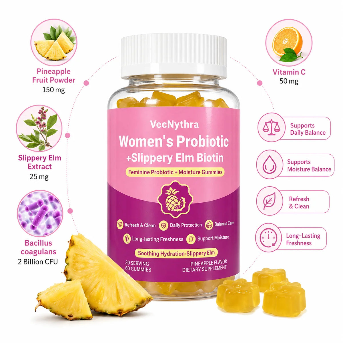 VecNythra Pineapple Probiotic Gummies for Women with Slippery Elm Vitamin C Daily Freshness Support 60 Gummies