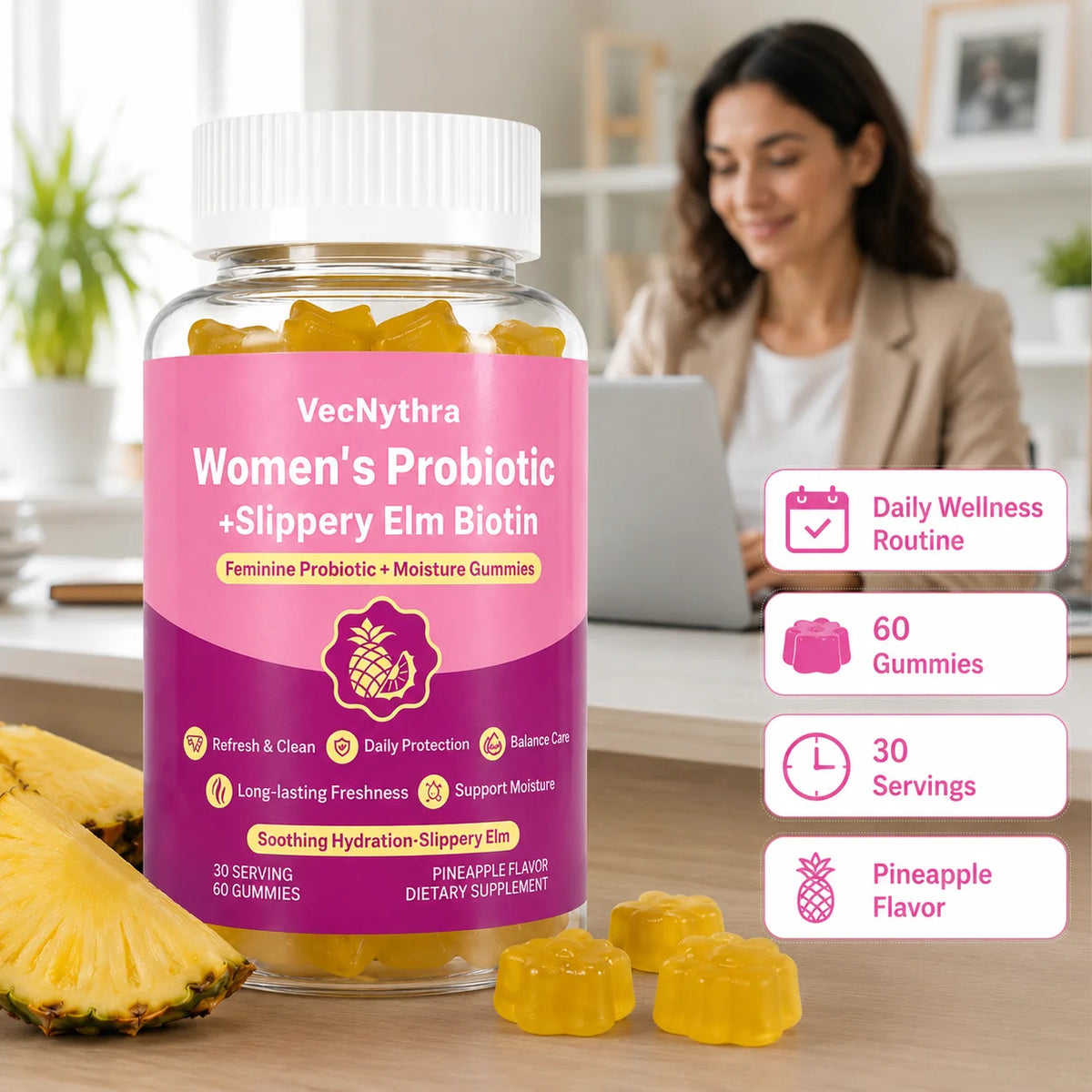 VecNythra Pineapple Probiotic Gummies for Women with Slippery Elm Vitamin C Daily Freshness Support 60 Gummies