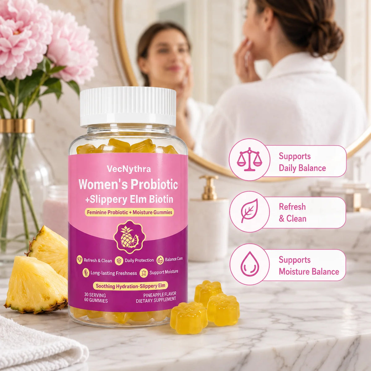 VecNythra Pineapple Probiotic Gummies for Women with Slippery Elm Vitamin C Daily Freshness Support 60 Gummies