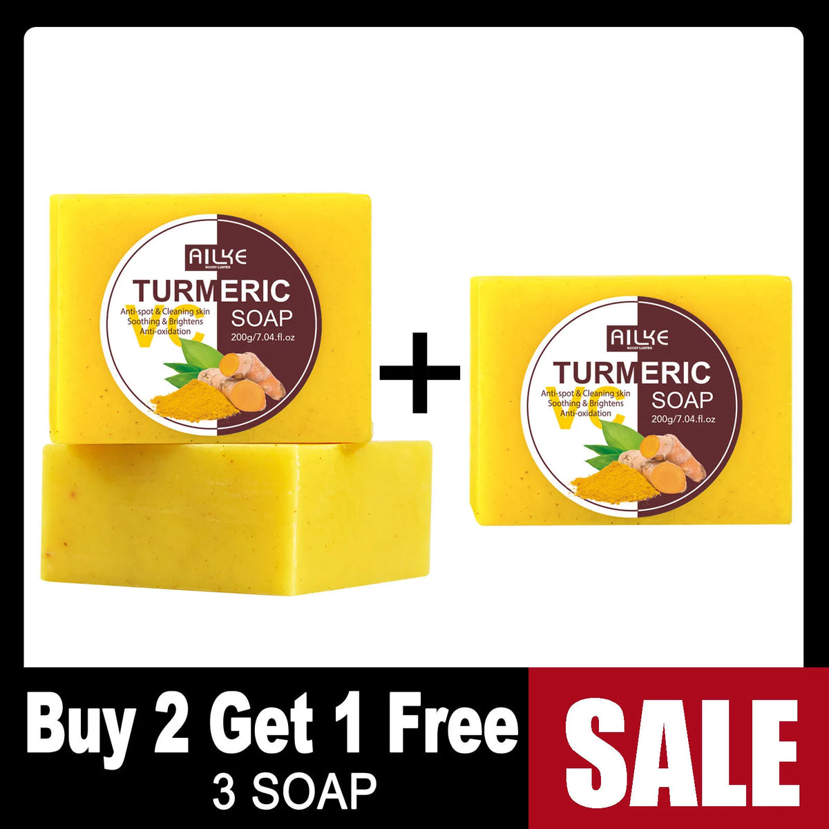 AILKE Natural Turmeric Bath Soap for Face, Body, Hands, Lightening, Cleaning, Even Skin Tone, Anti Dark Spots and Acne, 200g