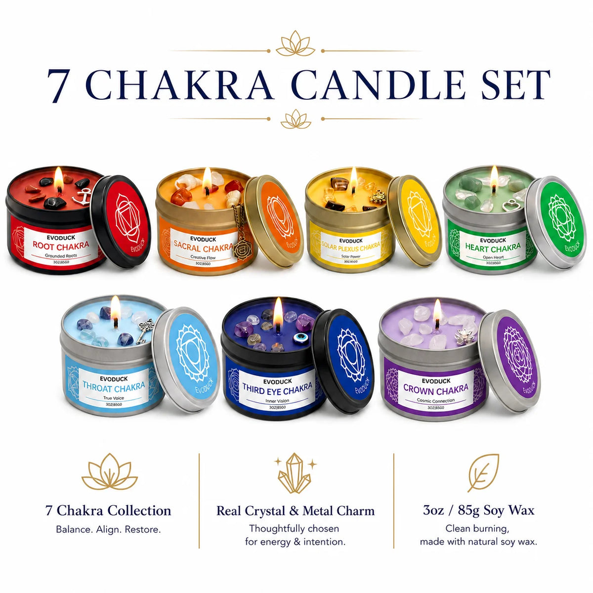 EVODUCK 7 Chakra Candle Gift Set, 7 x 85g Crystal Soy Wax Candles with Metal Charms, Root Sacral Solar Plexus Heart Throat Third Eye Crown Aromatherapy for Meditation, Relaxation, Spiritual Home Decor, Birthday Christmas Gift
