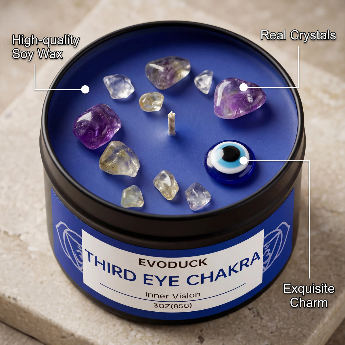 EVODUCK 7 Chakra Candle Gift Set, 7 x 85g Crystal Soy Wax Candles with Metal Charms, Root Sacral Solar Plexus Heart Throat Third Eye Crown Aromatherapy for Meditation, Relaxation, Spiritual Home Decor, Birthday Christmas Gift