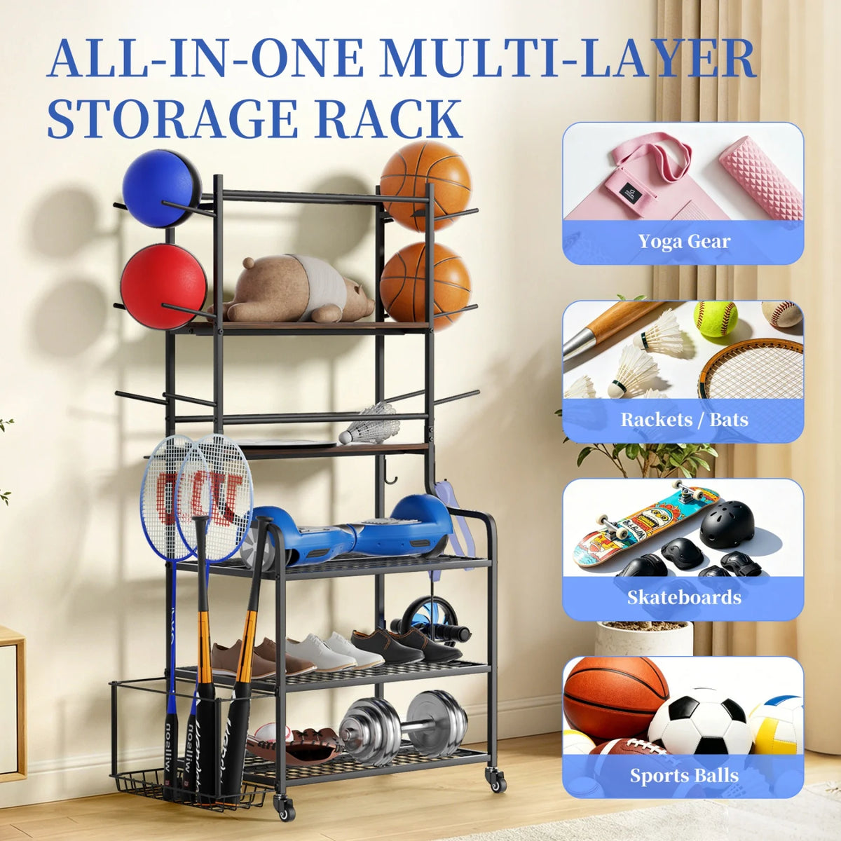 Yoga Mat Storage Rack Home Gym Storage Rack on Wheels Gym Organizer Equipment Storage for Home Exercise and Fitness Gear