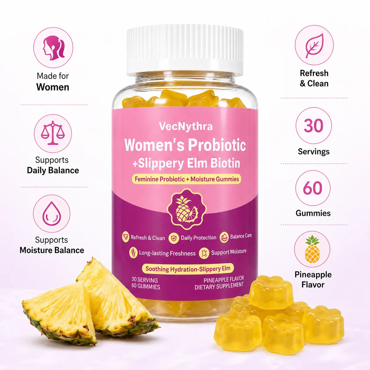 VecNythra Pineapple Probiotic Gummies for Women with Slippery Elm Vitamin C Daily Freshness Support 60 Gummies