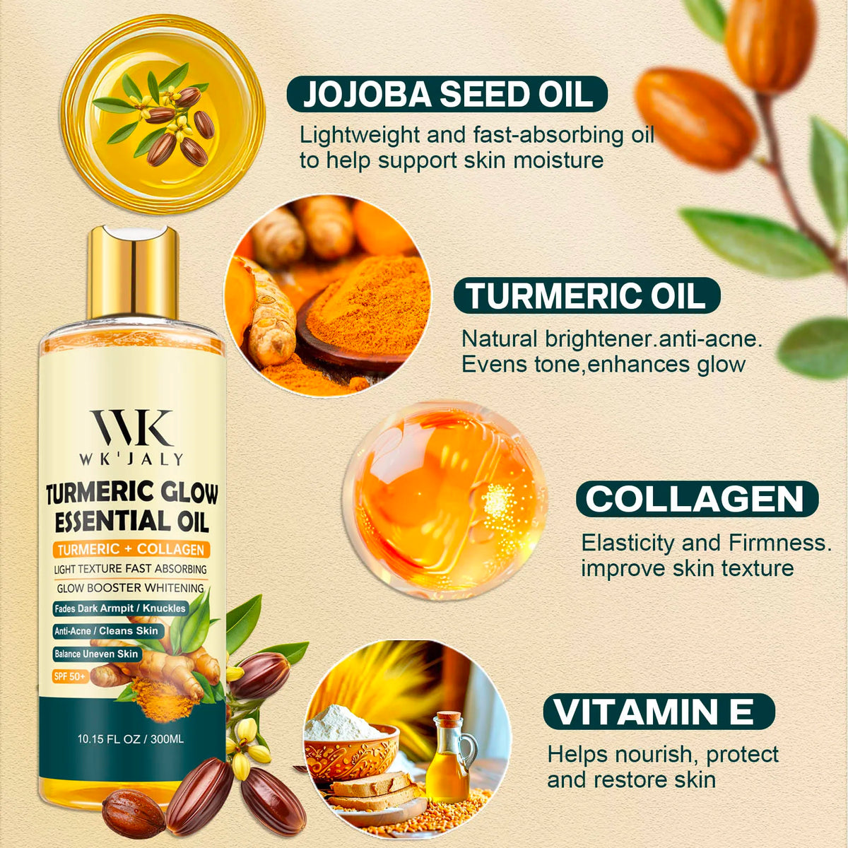 WK JALY Turmeric Brightening Body Oil, Anti Acne, Fade Dark Spots,  Even Skin Tone, Moisturizing, Nourish Rough Skin, 500ml