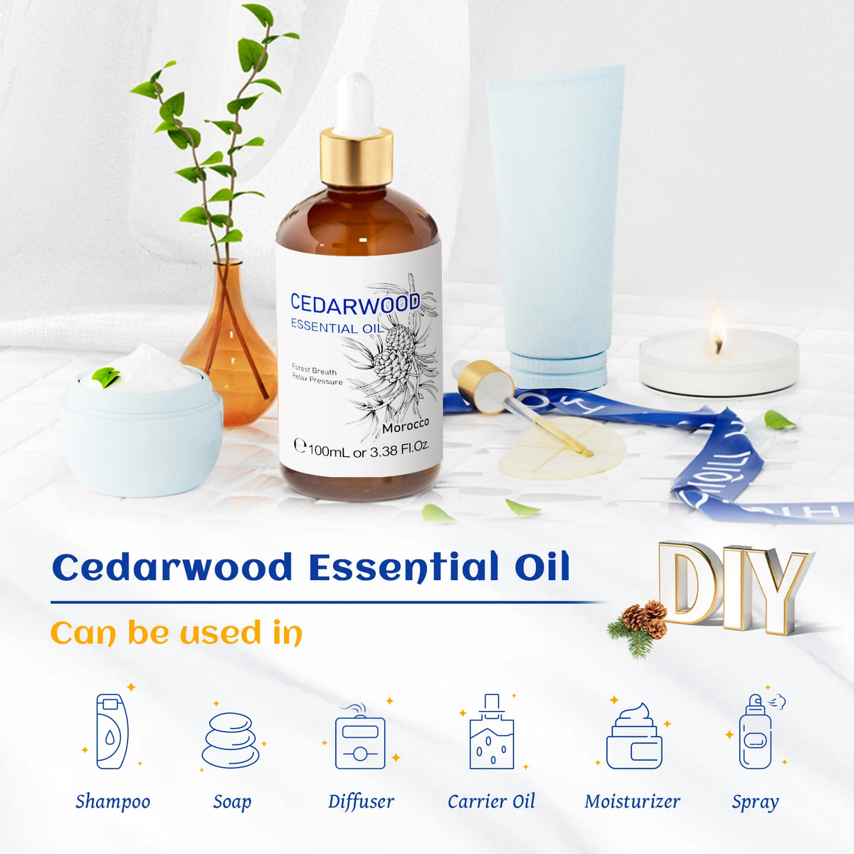 HIQILI 100ML Cedarwood Essential Oil, Pure Essential Oil for Diffuser, Humidifier, Massage, Relaxing, Relieving Stress