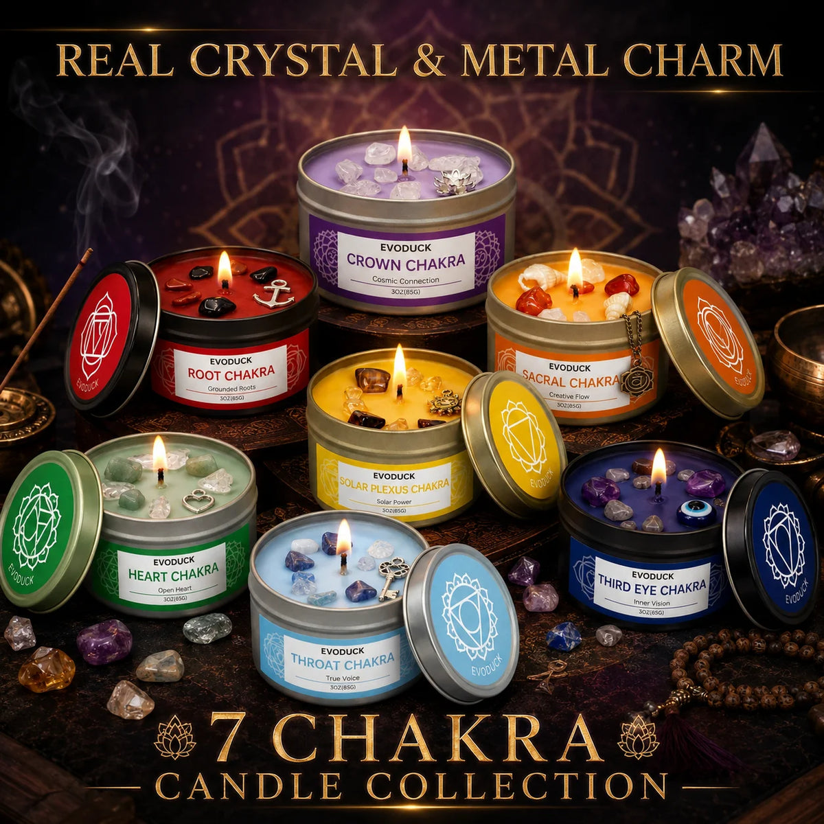 EVODUCK 7 Chakra Candle Gift Set, 7 x 85g Crystal Soy Wax Candles with Metal Charms, Root Sacral Solar Plexus Heart Throat Third Eye Crown Aromatherapy for Meditation, Relaxation, Spiritual Home Decor, Birthday Christmas Gift