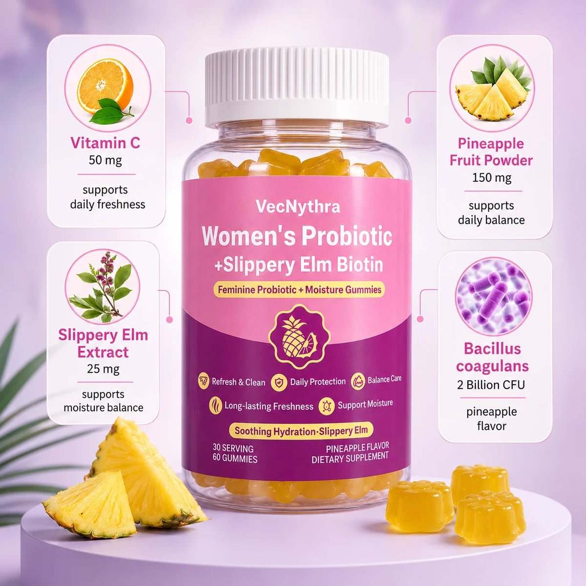 VecNythra Pineapple Probiotic Gummies for Women with Slippery Elm Vitamin C Daily Freshness Support 60 Gummies