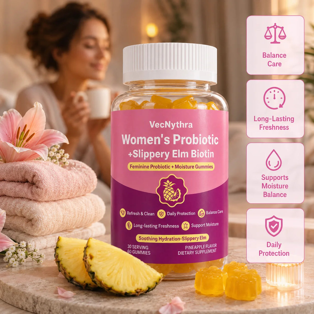 VecNythra Pineapple Probiotic Gummies for Women with Slippery Elm Vitamin C Daily Freshness Support 60 Gummies