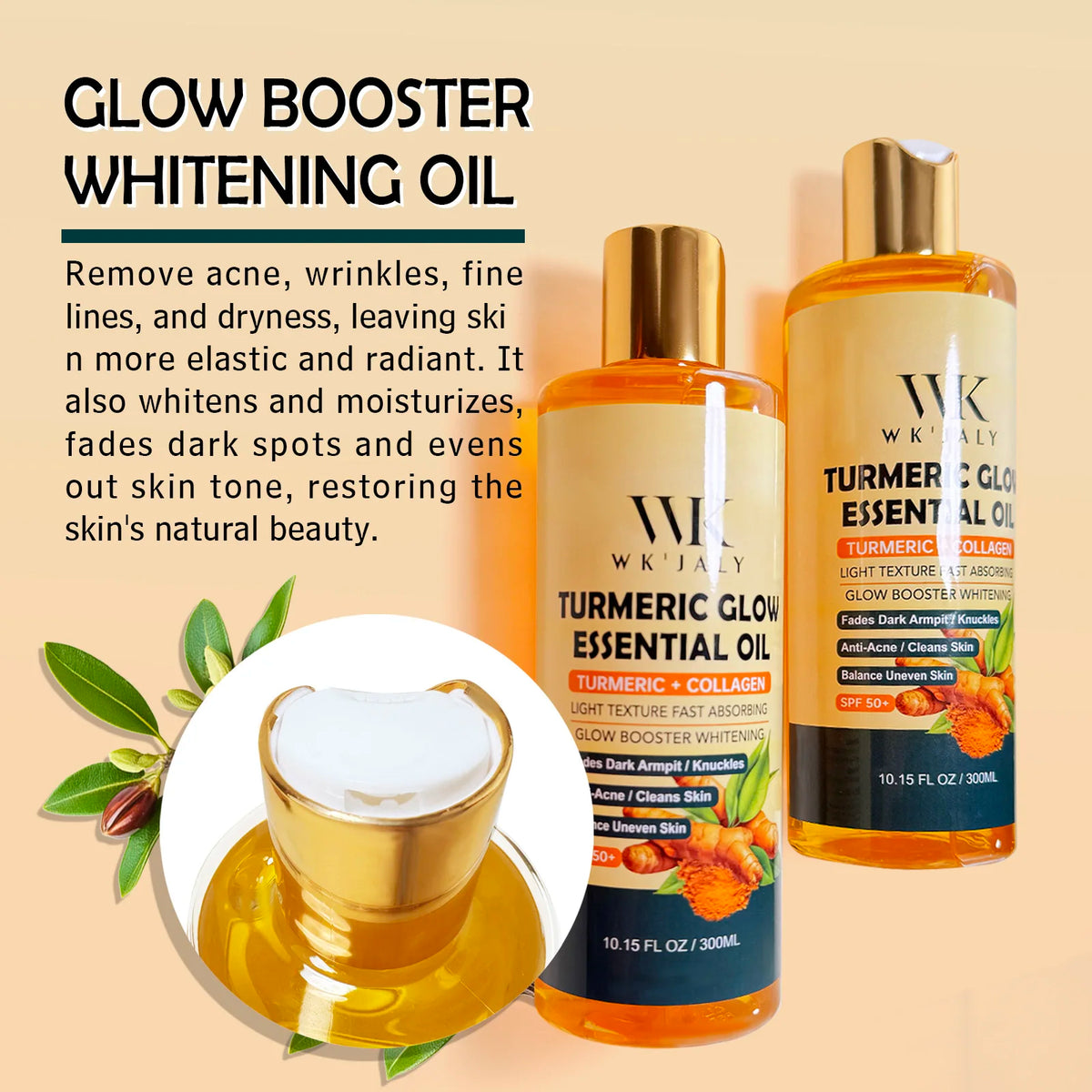 WK JALY Turmeric Brightening Body Oil, Anti Acne, Fade Dark Spots,  Even Skin Tone, Moisturizing, Nourish Rough Skin, 500ml