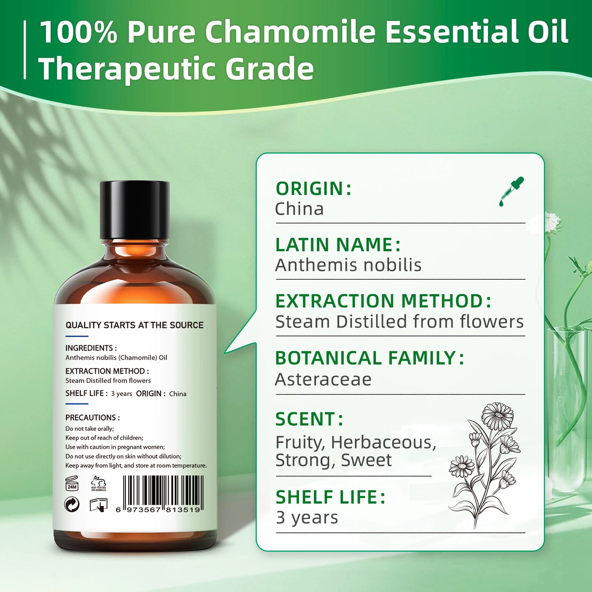 100ML Chamomile Essential Oils,100% Pure Floral Oil for Diffuser, Humidifier, Massage, Valentine's Day, Mother's &Father' Gifts