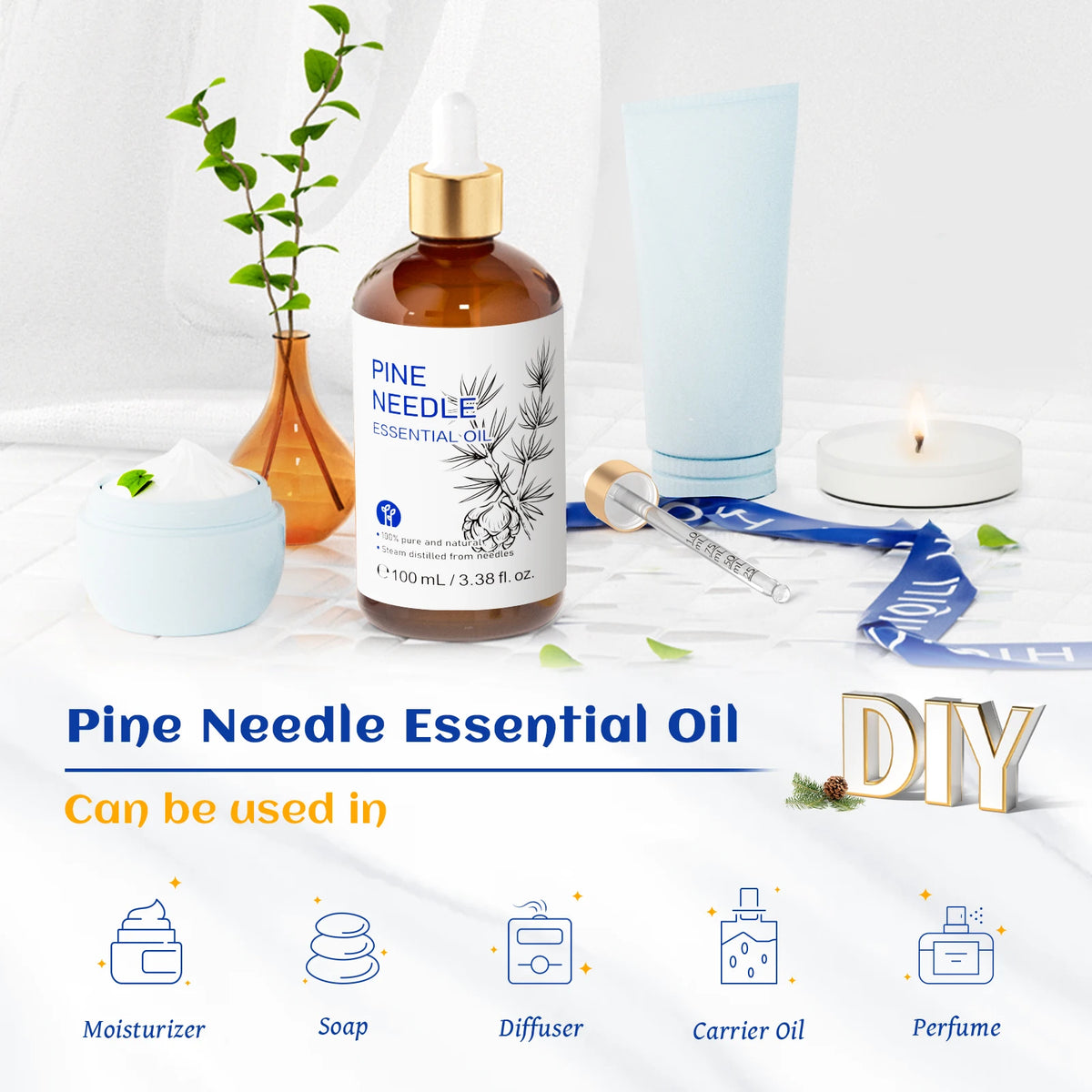 HIQILI 100ML Pine Needles Essential Oils, Pure Essential Oil for Aromatherapy, Diffuser, Humidifier, Massage, Relieving Stress