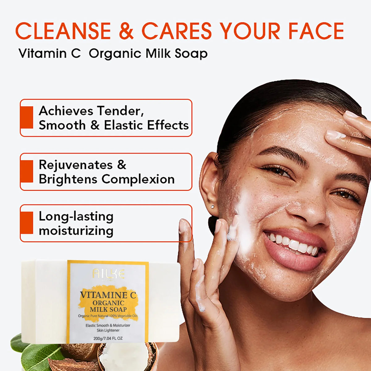 Ailke organic milk soaps containing vitamin C, whitening, wrinkle reducing, anti-aging, smoothing, and softening the skin,200g